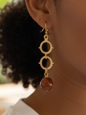 HAND CRAFTED BROWN GOLDSTONE & GEOMETRIC LINK DROP EARRINGS
